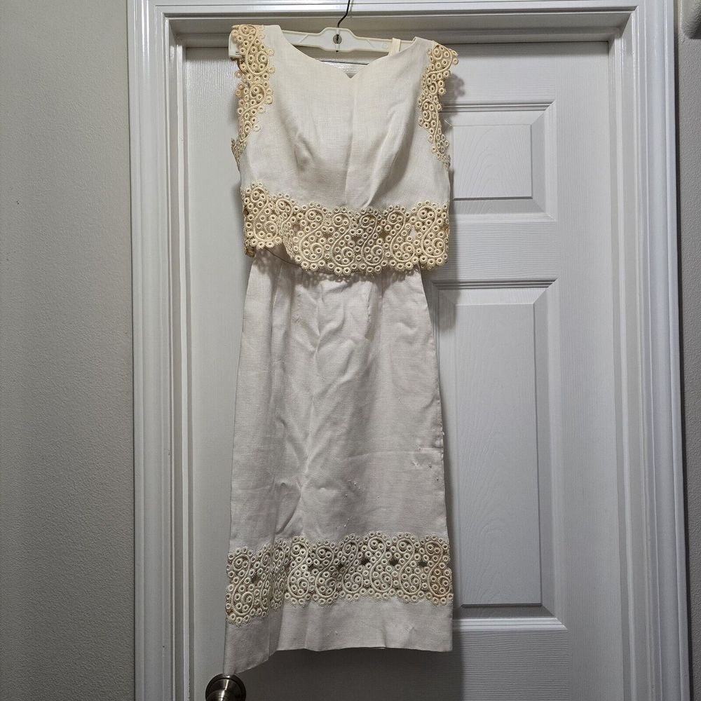 VTG Joseph‎ Magnin Womens Two-Piece Sleeveless Winter White Lace Trim Dress XS